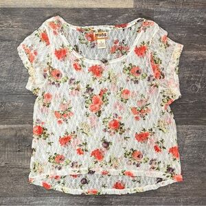 Mudd white and pink floral sheer lace top blouse shirt size large L B175